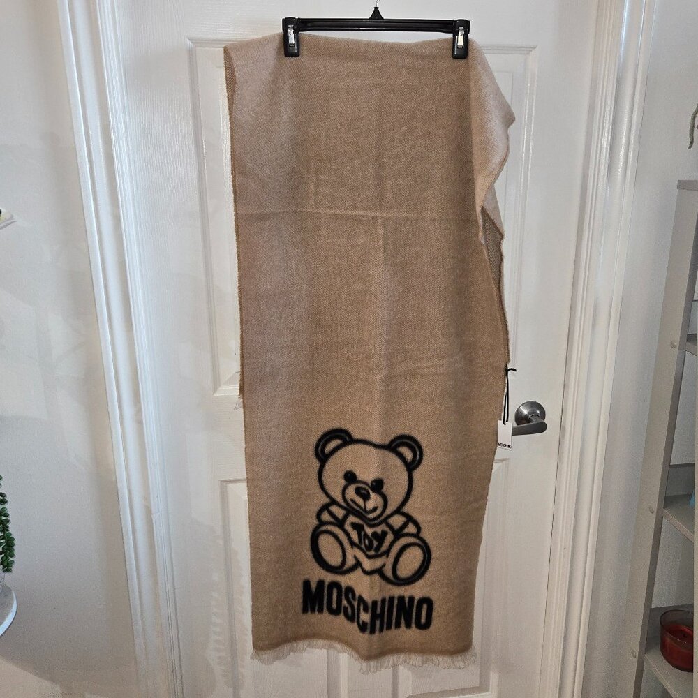 Moschino Teddy Bear-Embroidered Wool Scarf - Sand